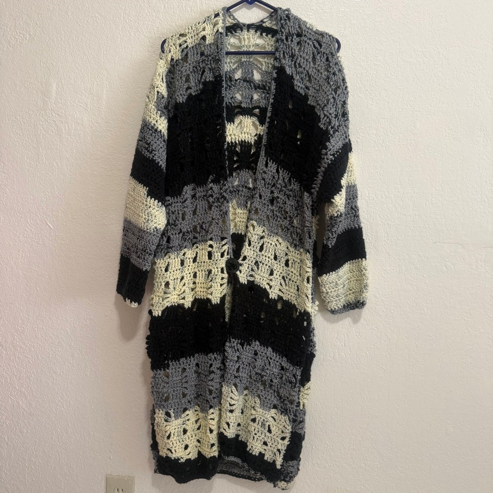 Chunky Knit Open Front Long Cardigan Sweater Black‎ Grey Cream Boho Grannycore